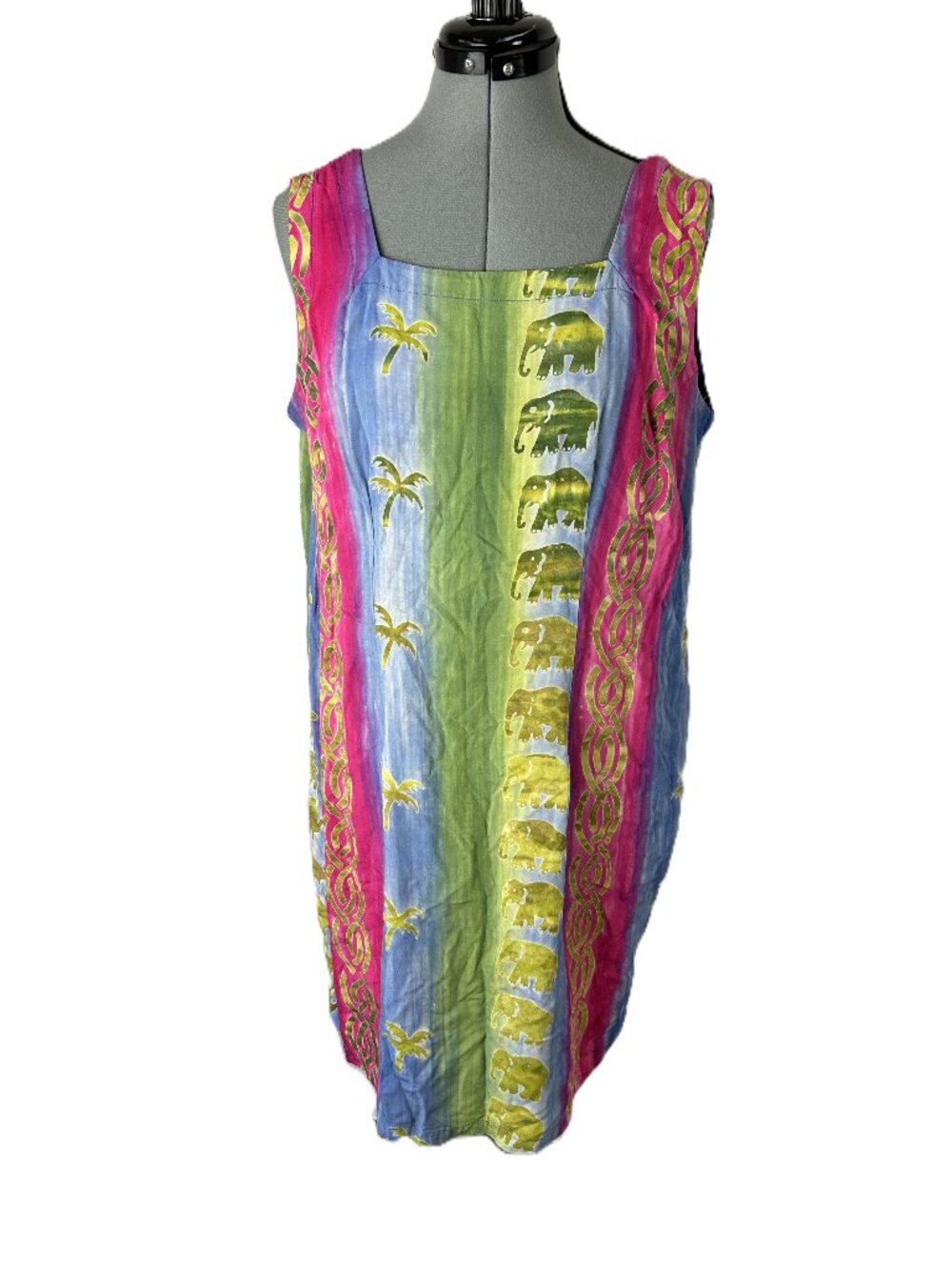Asian Creations Batik Dress Elephants Palm Trees L Vintage